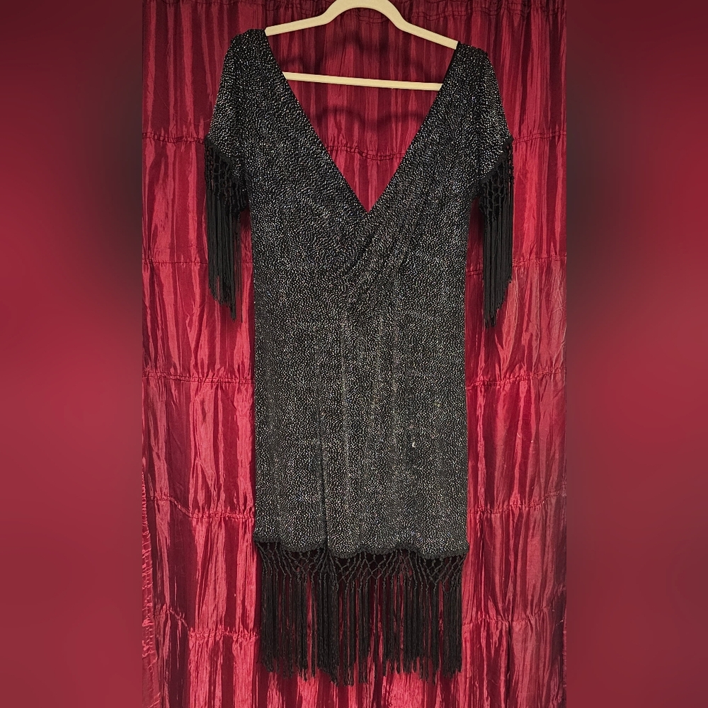 Glamorous Black and Holographic Glitter Fringe Dress